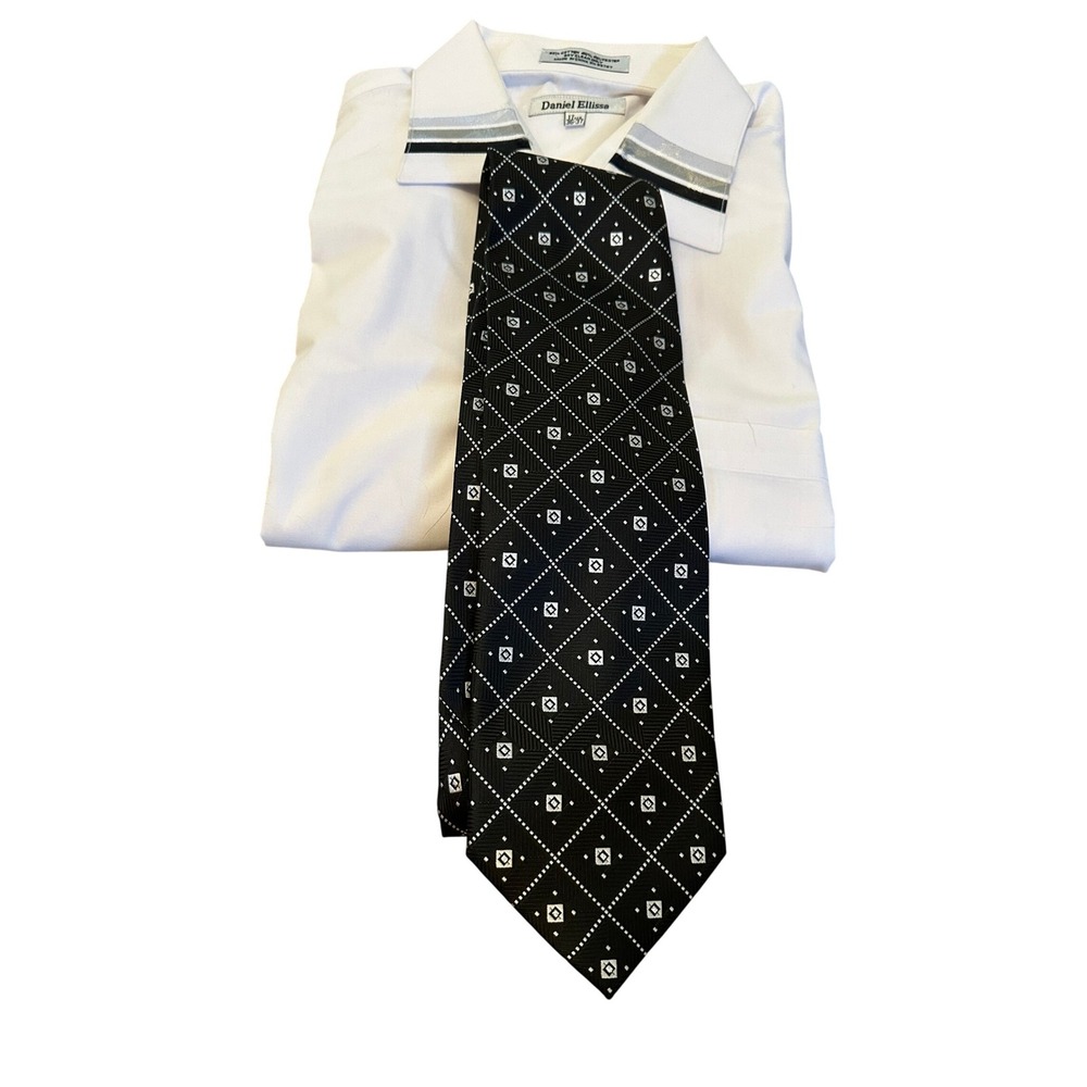 Daniel Ellissa Men's White Shirt 17.5 36-37 Neck Sleeve w/ Black Geometric‎ Tie